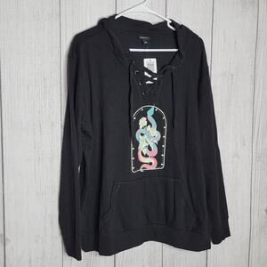 Torrid Lace Up Black Fleece Hoodie with Snake & Roses Graphic, size 1
